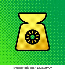 Kitchen scales sign. Vector. Pop art orange to yellow dots-gradient icon with black contour at greenish background.