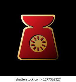 Kitchen scales sign. Vector. Red icon with small black and limitless shadows at golden sticker on black background.