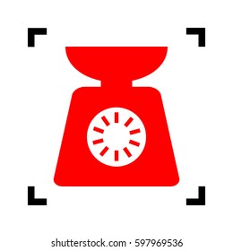 Kitchen scales sign. Vector. Red icon inside black focus corners on white background. Isolated.