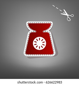 Kitchen scales sign. Vector. Red icon with for applique from paper with shadow on gray background with scissors.