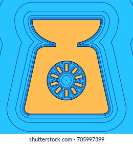 Kitchen scales sign. Vector. Sand color icon with black contour and equidistant blue contours like field at sky blue background. Like waves on map - island in ocean or sea.