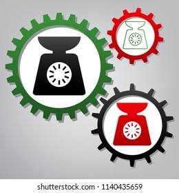 Kitchen scales sign. Vector. Three connected gears with icons at grayish background.