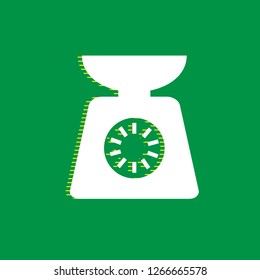 Kitchen scales sign. Vector. White flat icon with yellow striped shadow at green background.