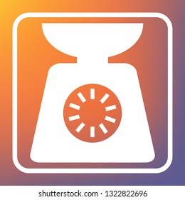 Kitchen scales sign. Vector. White icon on transparent button at orange-violet gradient background.