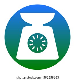 Kitchen scales sign. Vector. White icon in bluish circle on white background. Isolated.