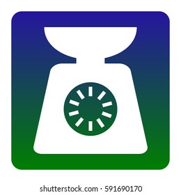 Kitchen scales sign. Vector. White icon at green-blue gradient square with rounded corners on white background. Isolated.