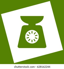 Kitchen scales sign. Vector. White icon obtained as a result of subtraction rotated square and path. Avocado background.