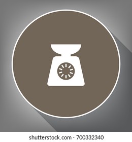 Kitchen scales sign. Vector. White icon on brown circle with white contour and long shadow at gray background. Like top view on postament.
