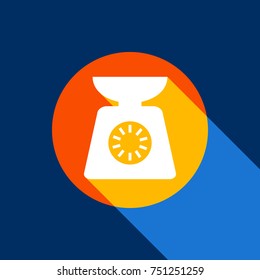 Kitchen scales sign. Vector. White icon on tangelo circle with infinite shadow of light at cool black background. Selective yellow and bright navy blue are produced.