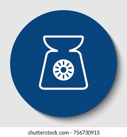 Kitchen scales sign. Vector. White contour icon in dark cerulean circle at white background. Isolated.