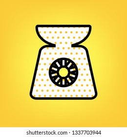 Kitchen scales sign. Vector. Yellow polka dot white icon with black contour at warm yellow background.