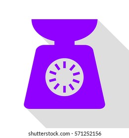 Kitchen scales sign. Violet icon with flat style shadow path.