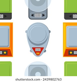 Kitchen scales vector cartoon seamless pattern.