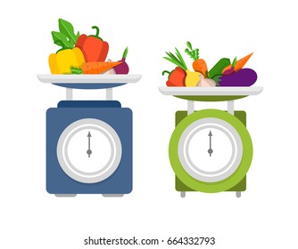 Kitchen scales with vegetables flat vector illustration.