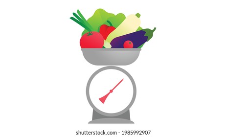 The kitchen scales with vegetables. Fresh lettuce, zucchini, tomatoes, paprika, eggplant, onion. Minimal style healthy food concept. Modern vector illustration.