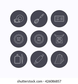 Kitchen scales, whisk and grater icons. Rolling pin, board and knife linear signs. Food and drink, BPA, DEHP free icons. Flat icons in circle buttons on white background. Vector