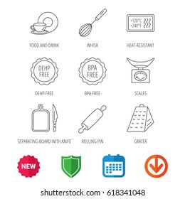 Kitchen scales, whisk and grater icons. Rolling pin, board and knife linear signs. Food and drink, BPA, DEHP free icons. New tag, shield and calendar web icons. Download arrow. Vector