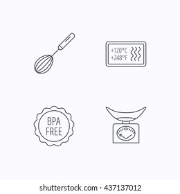 Kitchen scales, whisk and heat-resistant icons. BAP free linear sign. Flat linear icons on white background. Vector