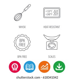 Kitchen scales, whisk and heat-resistant icons. BPA free linear sign. Award medal, growth chart and opened book web icons. Download arrow. Vector