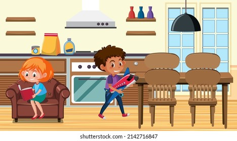 Kitchen scene with a boy holding his helicopter toy illustration