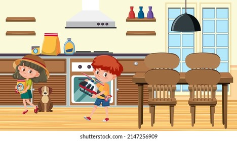 Kitchen scene with a boy holding his helicopter toy illustration