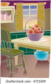 Kitchen scene with fruit basket.