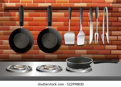 Kitchen scene with pots and stoves illustration