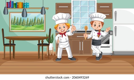Escena de cocina con dos chefs de dibujos animados