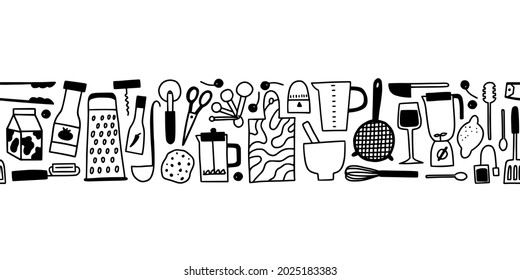 Kitchen seamless border. Cute doodle cooking utensils in trendy decoration for cafe, restaurant, menu. Hand drawn chef equipment and ingredients in retro kitchen vector illustration.