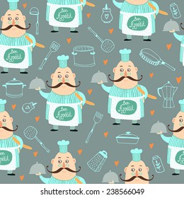 Kitchen Seamless pattern background with Happy Cook 