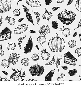 Kitchen seamless pattern. Cooking pattern. Harvest, vegetables, fruits, dairy products. Fresh market, products, ingredients. 