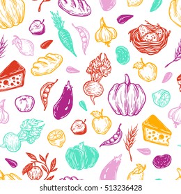 Kitchen seamless pattern. Cooking pattern. Harvest, vegetables, fruits, dairy products. Fresh market, products, ingredients. 