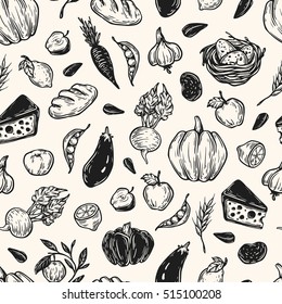 Kitchen seamless pattern. Cooking pattern. Harvest, vegetables, fruits, dairy products. Fresh market, products, ingredients. 