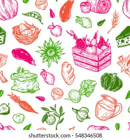Kitchen seamless pattern. Cooking pattern. Harvest, vegetables, fruits, dairy products. Fresh market, products, ingredients. 