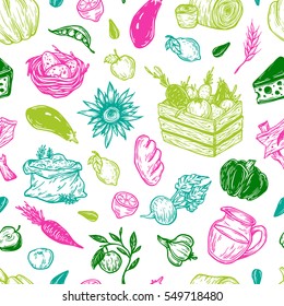 Kitchen seamless pattern. Cooking pattern. Harvest, vegetables, fruits, dairy products. Fresh market, products, ingredients. 