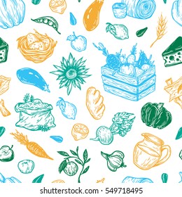Kitchen seamless pattern. Cooking pattern. Harvest, vegetables, fruits, dairy products. Fresh market, products, ingredients. 