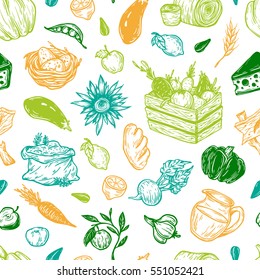 Kitchen seamless pattern. Cooking pattern. Harvest, vegetables, fruits, dairy products. Fresh market, products, ingredients. 