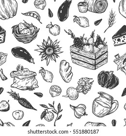 Kitchen seamless pattern. Cooking pattern. Harvest, vegetables, fruits, dairy products. Fresh market, products, ingredients. 