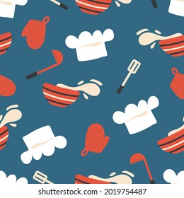 Kitchen seamless pattern. Cooking and utensils background. Flat vector illustration