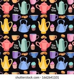 Kitchen seamless pattern of decorative colorful cups, mugs, teapots, cookies and cupcakes. Vector illustration in flat style with dry brush texture on dark chalkboard background.