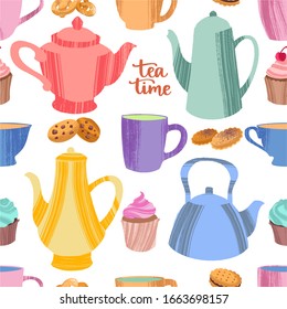 Kitchen seamless pattern of decorative colorful cups, mugs, teapots, cookies and cupcakes. Vector illustration in flat style with dry brush texture on white background.