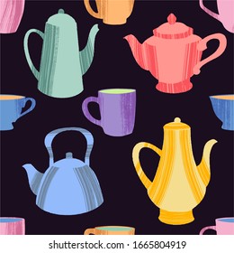 Kitchen seamless pattern of decorative colorful cups, mugs and teapots. Vector illustration in flat style with dry brush texture on dark chalkboard background.