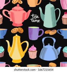 Kitchen seamless pattern of decorative colorful cups, mugs, teapots, cookies and cupcakes. Vector illustration in flat style with dry brush texture on dark chalkboard background.