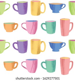 Kitchen seamless pattern of decorative cups and mugs. Vector illustration in flat style with dry brush texture on white background.