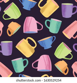 Kitchen seamless pattern of decorative cups and mugs. Vector illustration in flat style with dry brush texture on dark chalkboard background.