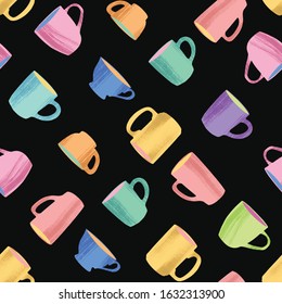Kitchen seamless pattern of decorative cups and mugs. Vector illustration in flat style with dry brush texture on dark chalkboard background.