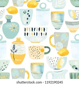 Kitchen Seamless Pattern Of Decorative Tableware Items. Ceramic Utensils Or Crockery - Cups, Dishes, Bowls, Pitchers. Vector Illustration In Flat Style With Golden And Watercolor Texture.