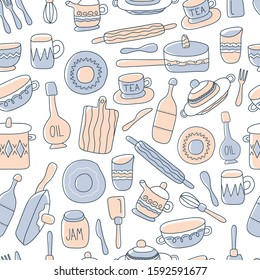 Kitchen seamless pattern of decorative tableware items. Ceramic utensils or crockery - cups, dishes, bowls, pitchers. Vector illustration in flat style with outline texture