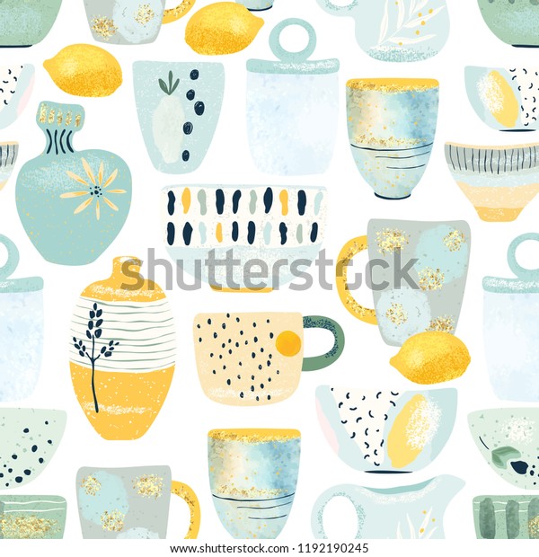 飾り物のシームレスなキッチン柄 陶器や陶器 カップ 食器 茶碗 投手 金色と水色のテクスチャーを持つ 平らなスタイルのベクターイラスト のベクター画像素材 ロイヤリティフリー