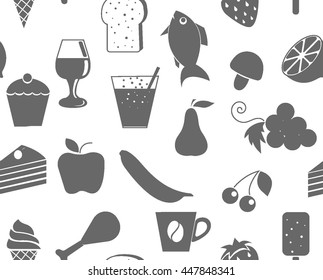 Kitchen seamless pattern with food (wine, fish, mushroom, fizzy drink,grapes, cherry, cake, coffee, apple, pear, strawberry, chicken, ice-cream, bread, banana, lemon)